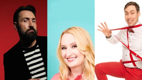 Kolmen kuvan sarja, joista mies raitapaidassa poseeraa punaista taustaa vasten, keskimmäisessä on vaaleahiuksinen hymyilevä nainen turkoosia taustaa vasten ja viimeisessä taikurihahmo venyttää punaisia henkseleitään.