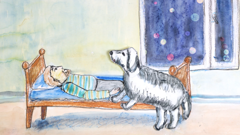 Piirroskuvassa koira on hyppäämässä miehen viereen sänkyyn.