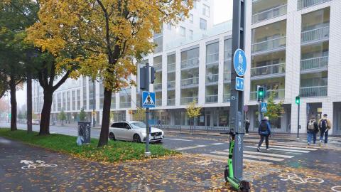 Syksyn pudonneita lehtiä kävely- ja pyörätiellä ja jalankulkijoita ylittämässä suojatietä.