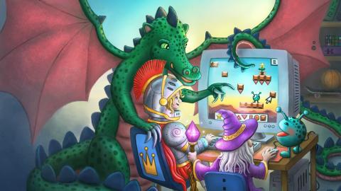 Piirretty kuva, jossa satuhahmot pelaavat tietokonepeliä.