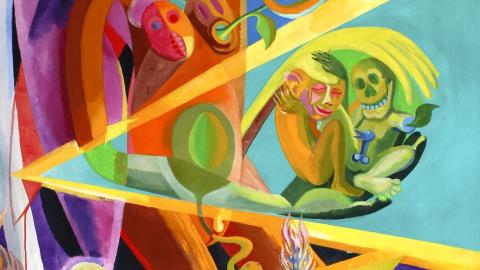 Värikkään maalauksen yksityiskohta.