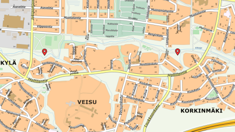 Karttakuvassa pallot muutospaikkojen sijanteja osoittamassa.