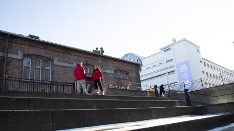 Mies ja nainen seisovat Tullin alueen rappusilla.