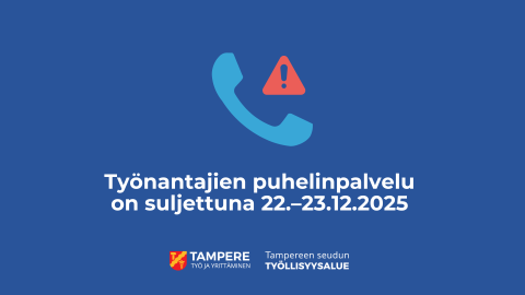 Kuvassa on puhelimen luuri ja vieressä punainen kolmio, jonka sisällä on huutomerkki. Tekstissä lukee Työnantajien puhelinpalvelu on suljettuna 22.-23.12.2025.