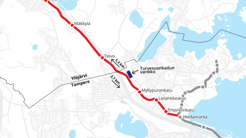 Kartta, jossa Ylöjärven suuntaan suunniteltu raitiotie