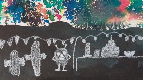 Lapsen piirtämä teos, jossa ylhäällä värikäs ilotulitus ja alhaalla juhlivia hahmoja tummaa taustaa vasten.