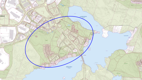 Västinginmäen viheraluekokonaisuuden suunnittelualue sinisellä ympyröitynä kartassa.