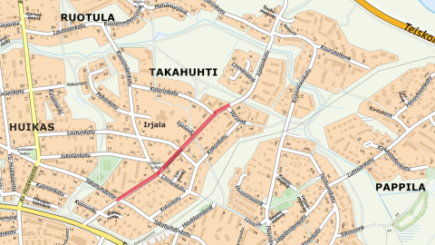 Irjalankadun katutyöosuus välillä Takahuhdintie-Varsankatu kartalla