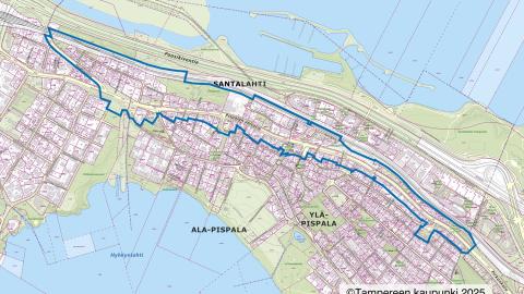 Sininen rajaus kartalla, Pispalanharjun laella valtatien varressa.