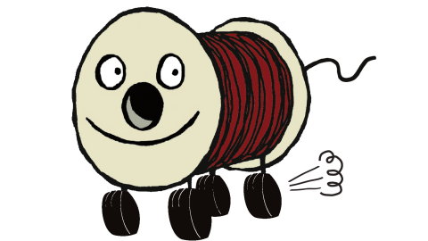 Piirretyllä Rullahahmolla jaloissa renkaat ja näyttää siltä, että Rulla liikkuu.