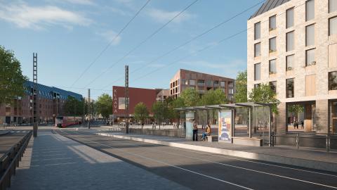 The picture shows a street view from Vuores's Puistokatu, where a tramway is outlined. Photo: City of Tampere and Luo Arkkitehdit Oy