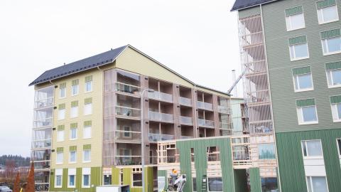 Puukerrostalojen rakennustyömaalla nousee erivärisiä taloja.