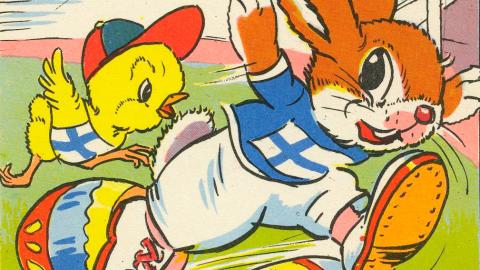 Piirretyssä kuvassa pääsiäistipu ja pupu juoksevat vierekkäin.