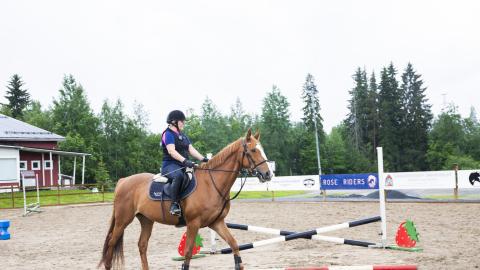 Ratsastaja liikkuu hevosen kanssa esteradalla.