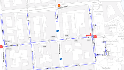 Puutarhakadun liikennejärjestelyt 16.3.2025 alkaen kartalla.