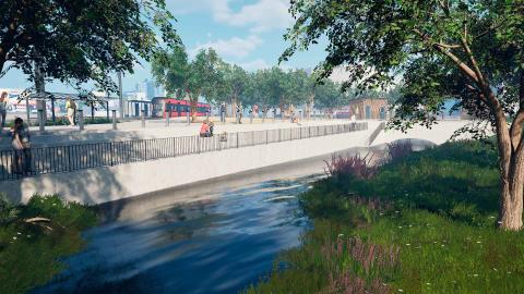 Tuleva Partolanaukio havainnekuvassa Härmälänojan varrella, etualalla puita.