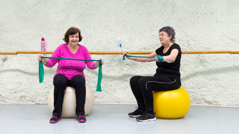 Kaksi seniori-ikäistä naista istuu jumppapallojen päällä ja venyttää käsissään vastuskuminauhaa.