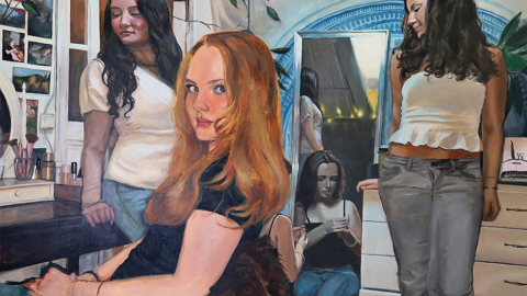 A work of art with four people in a room.