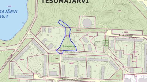 Tesmanperkon viheralueen sijainti merkitty sinisellä rajauksella kartassa.