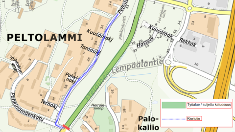 Peltolammilla Lempääläntien karttakuva, johon merkattu kiertoreitti ja työmaa-alue.