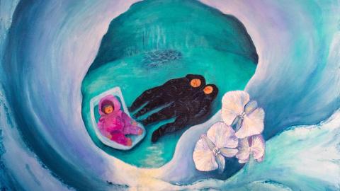 A painting depicting a couple dressed in black lying on a turquoise-blue background.