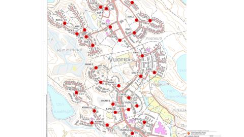 Punaiset pallukat kartalla osoittamassa lähikeräyspisteiden paikkoja.