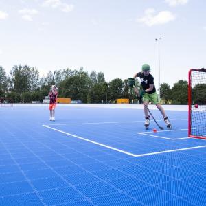 Sählyn pelaaja maalin luona Kalevan liikuntapuiston sinisellä kentällä.