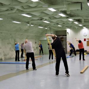 Seniorit tekevät tasapainoharjoituksia liikuntasalissa.