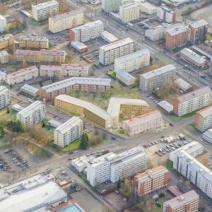 Kaavaluonnoksen mukaisesti Vanhan Domuksen tontilla nykyinen säilytettävä a-rakennus sekä uusi siksak-mallinen rakennusmassa hahmoteltuna Kalevan kaupunginosan nykyisten rakennusten joukkoon.