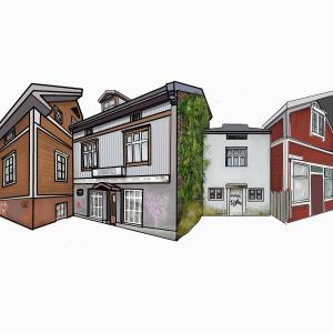 Piirros, jossa monta vanhaa kaksikerroksista puurakennusta vierekkäin. 