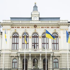 Ukraine flags in front of the Old town hall.