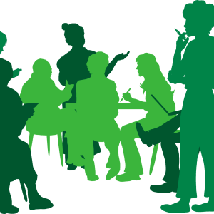 Eri vihreän sävyisiä piirrettyjä ihmishahmojen siluetteja, osa istuu ja osa seisoo.