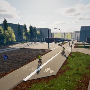 Havainnekuva raitiotiepysäkistä, etualalla raide ja katua.