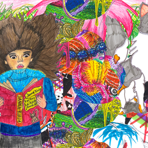 Kollaasityö, jossa henkilö pitelee kirjaa kädessään. Taustalla on muotoja ja eläinhahmoja.