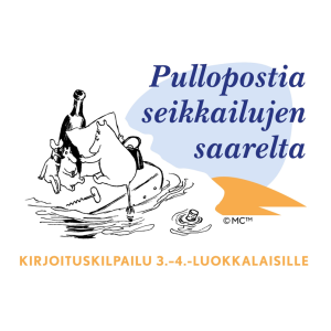 Kirjoituskilpailun tunnuksessa Muumimamma lukee Muumipapalta saapunutta pullopostia Muumipeikolle ja Nipsulle.