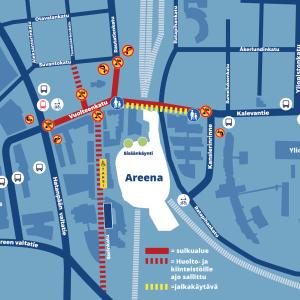 Karttakuva muuttuneista liikennejärjestelyistä Nokia Arenan lähistöllä.