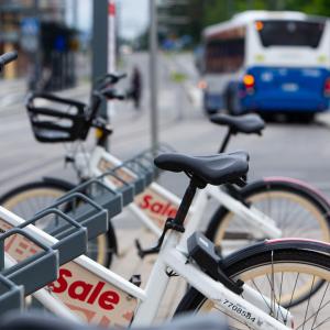 Two city bikes at the city bike station in Hervanta.