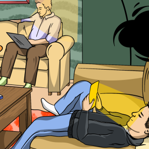 Piirroskuva, jossa kolme eri-ikäistä henkilöä istuvat sohvilla ja ovat tietokoneillaan..