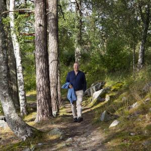 A person walks along a forest path lined with trees.