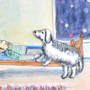 Piirroskuvassa koira on hyppäämässä miehen viereen sänkyyn.