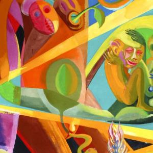 Värikkään maalauksen yksityiskohta.