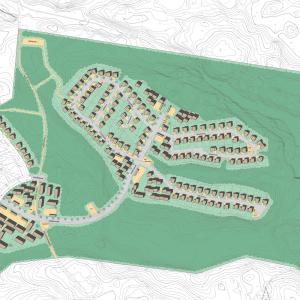 Vihreällä alueella talojen ja teiden hahmoja.