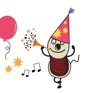 Piirretty kuva, jossa Lankarulla-hahmo juhlahattu päässään soittaa torvea ilmapallojen keskellä.