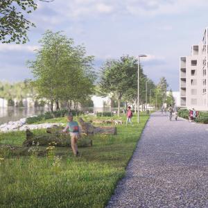 Asukkaita kävelemässä ja oleskelemassa Tohlopinrannan rantapuistossa havainnekuvassa.