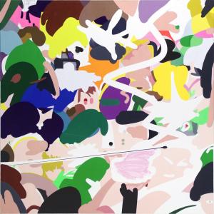 Monivärinen abstraktilta vaikuttava maalaus.