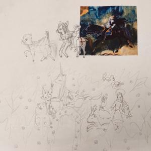 Hevosaiheinen lapsen lyijykynäpiirros