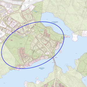 Västinginmäen viheraluekokonaisuuden suunnittelualue sinisellä ympyröitynä kartassa.