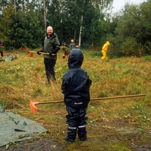 Aikuinen, lapsi ja muuta väkeä haravoimassa niittytalkoissa.