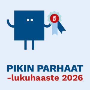 PIKI-kirjastojen piirroshahmo, jolla kädessään PIKI-ruusuke. 