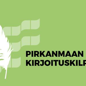 Teksti Pirkanmaan kirjoituskilpailu ja sulka vihreällä taustalla. 